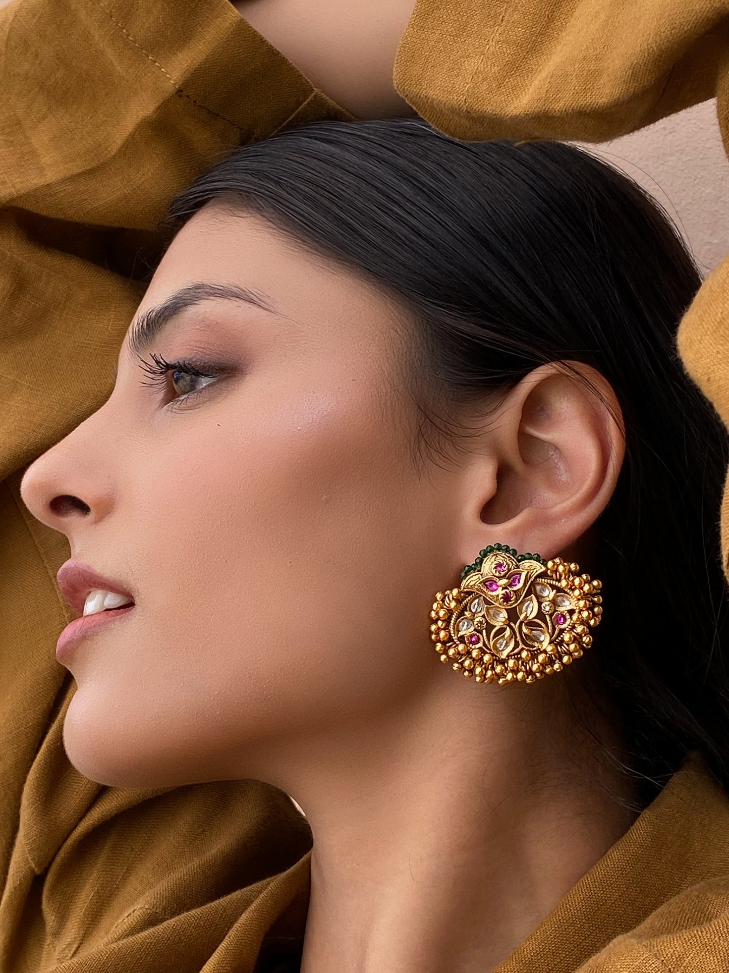 Saloni Antique Gold Finish  Floral Ghungroo Tukda Stud Earrings