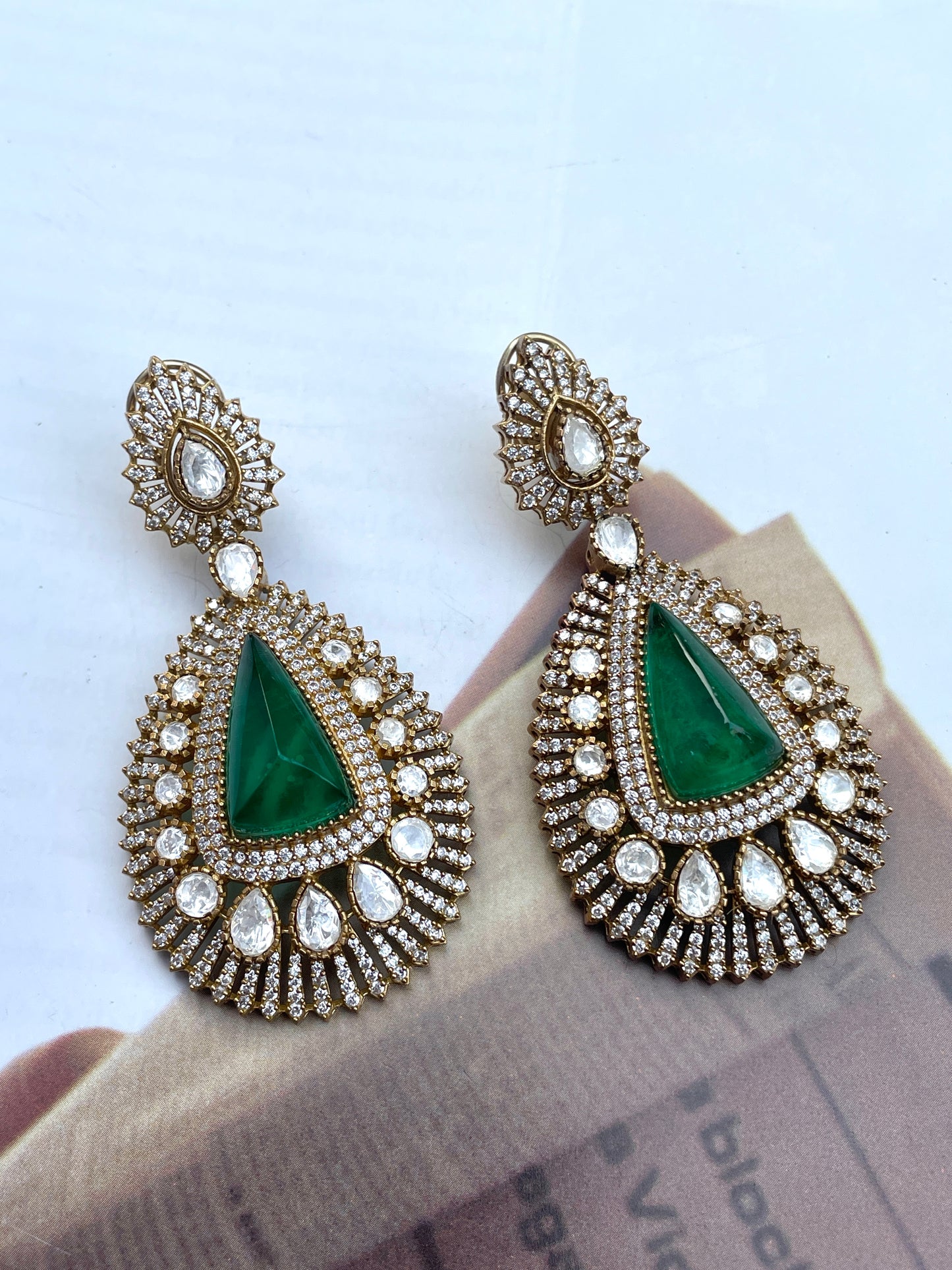 Pre Order- Usha Emerald Moissanite Polki Earrings