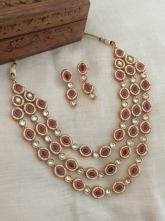 Rabhya 3 Line Ruby Polki & Pearl Necklace Set