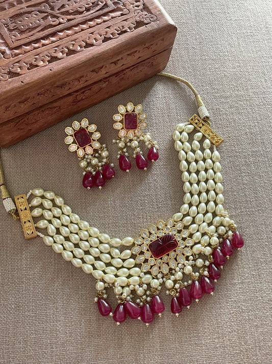 Tamannah Ruby Pearl Choker Necklace Set