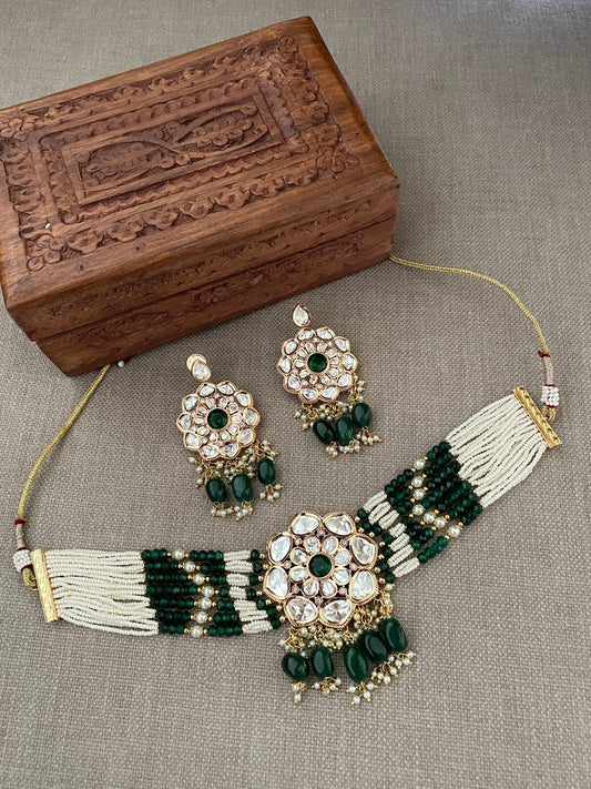 Reha Green Polki Choker Necklace Set