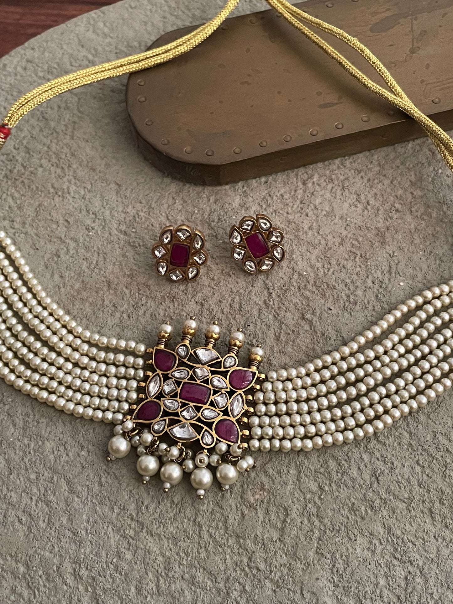 Sawai Ruby Pearl & Polki Gold Plated Choker Necklace Set