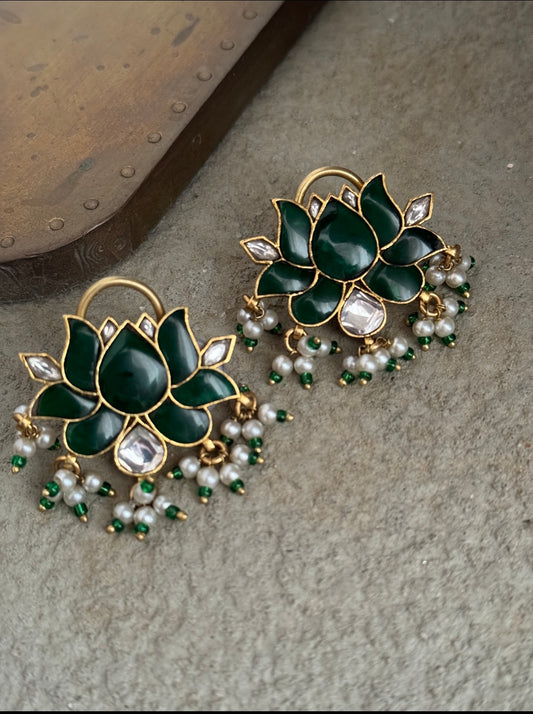 Kamal Moissanite Polki Gold plated stud Earrings- Emerald