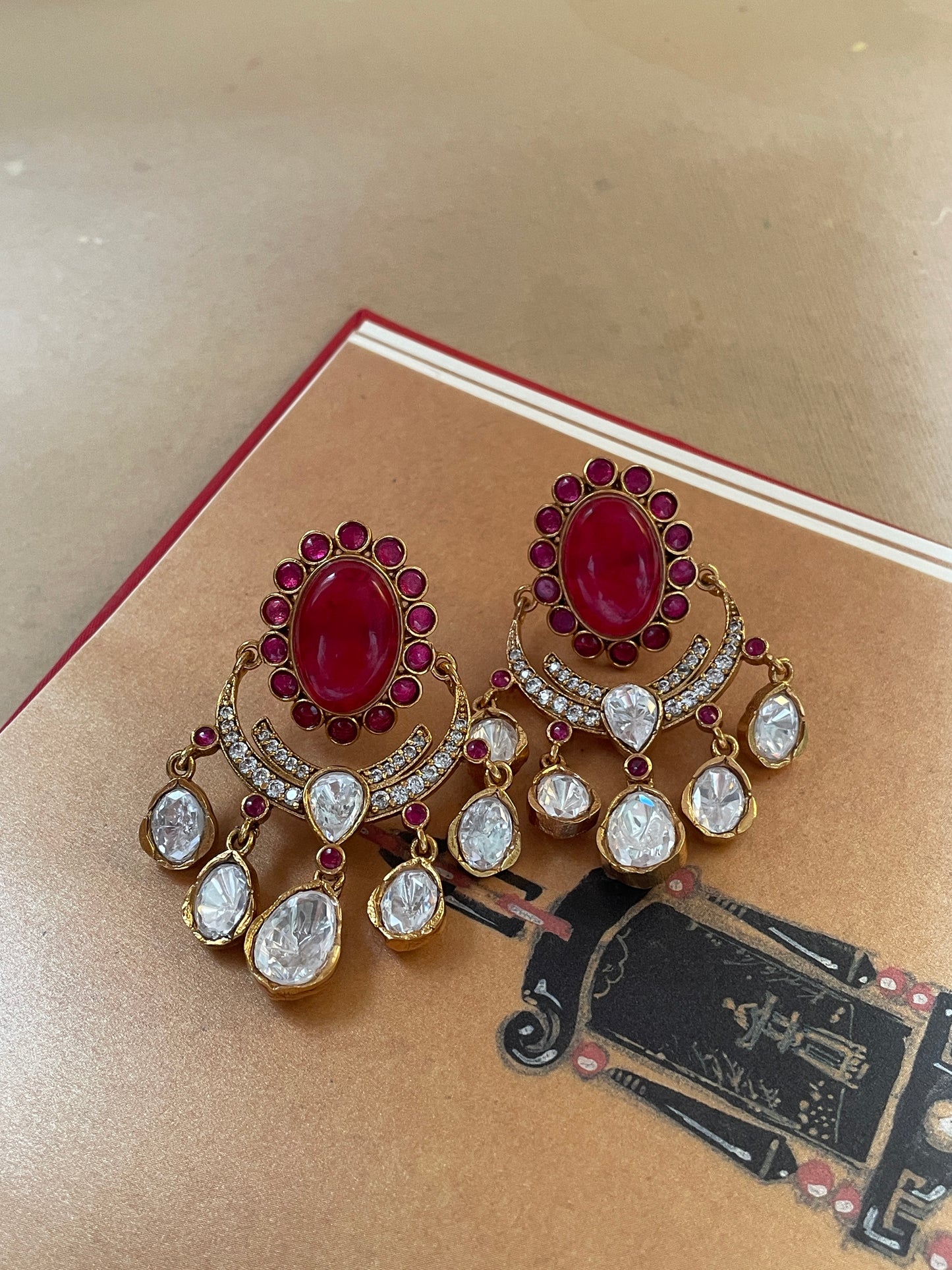 Devyani Moissanite Polki & Ruby Dangler Earrings