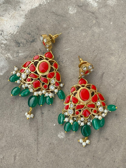 Arham Coral & Emerald Dangler Earrings