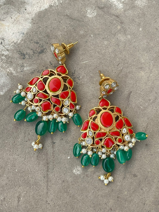 Arham Coral & Emerald Dangler Earrings