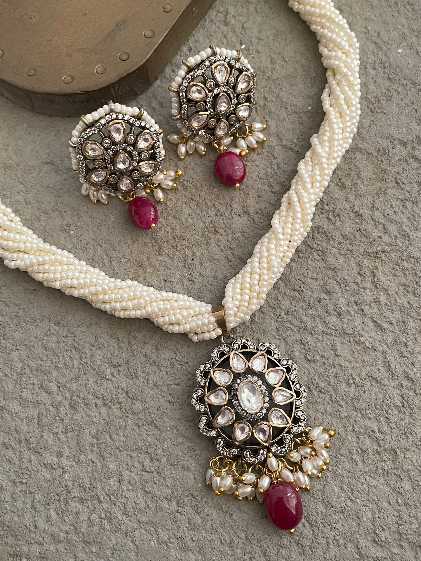Rupni Victorian Necklace Set with Real Ruby Drops