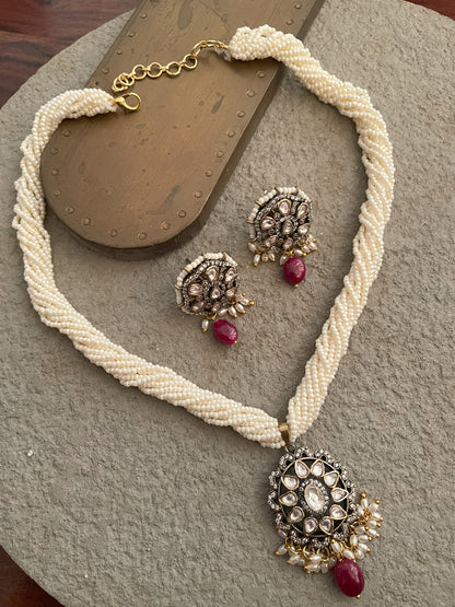 Rupni Victorian Necklace Set with Real Ruby Drops