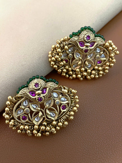 Saloni Antique Gold Finish  Floral Ghungroo Tukda Stud Earrings