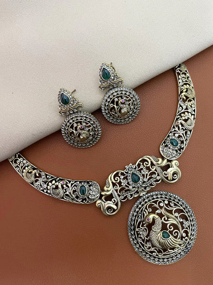Mughal Mayur Gold Finish Antique Necklace Set