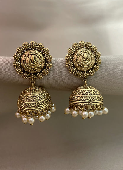 Divyana Ganesha Antique Gold Finish Jhumki Earrings