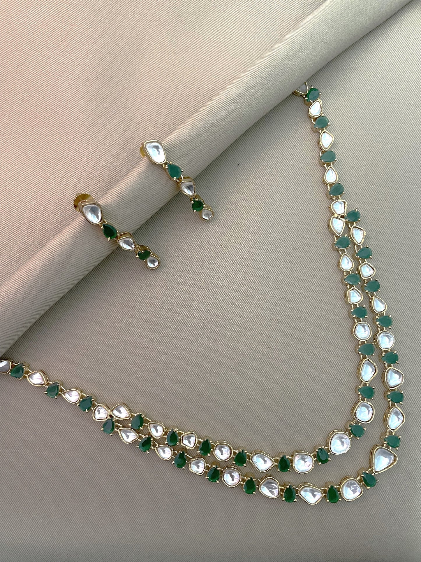 Classic Polki Emerald Double Line Gold Finish Necklace Set