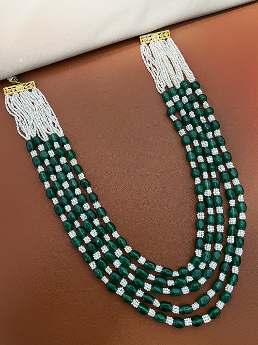 Classic Emerald & Pearl 5 Strand Mala Necklace