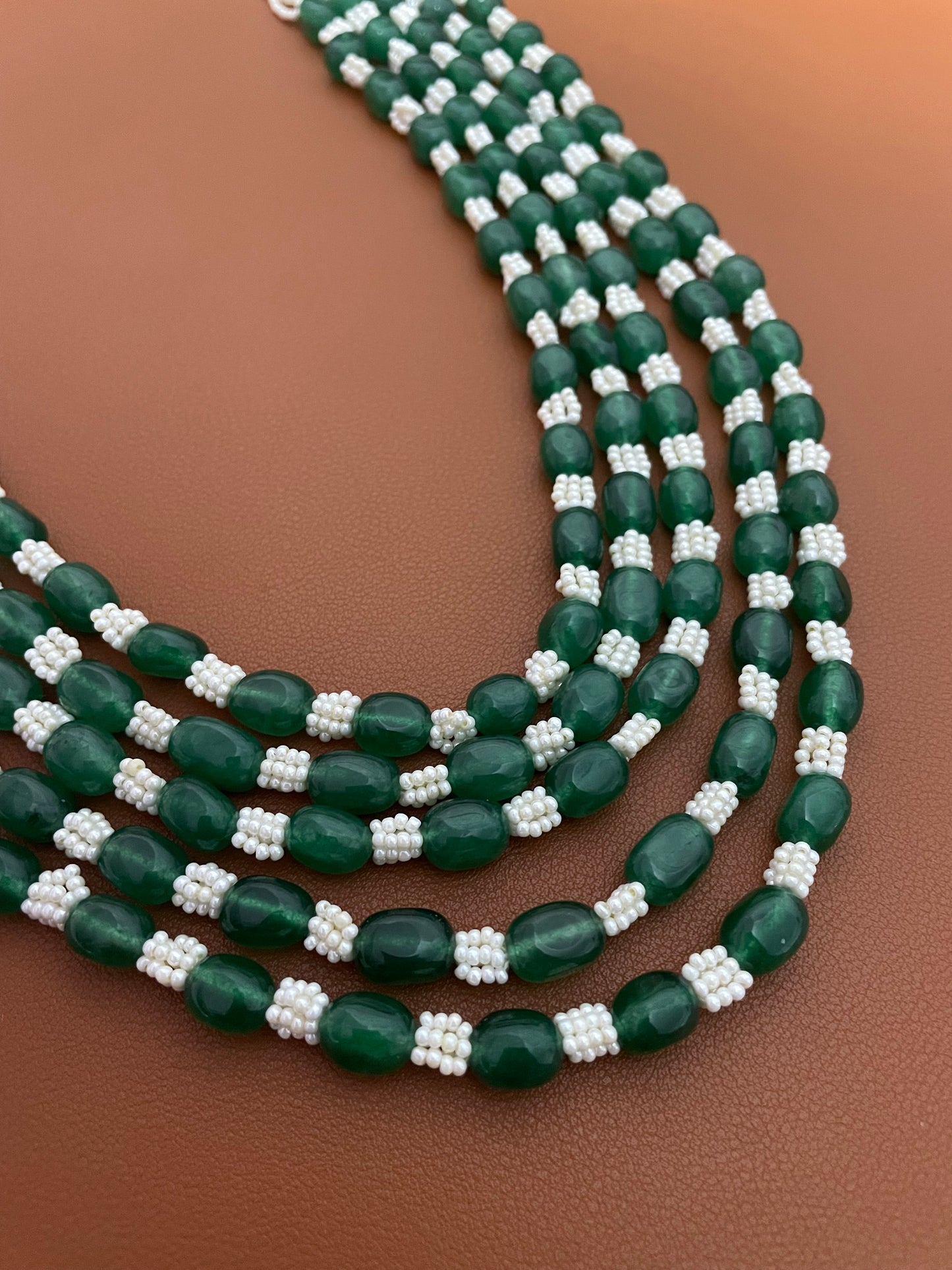 Classic Emerald & Pearl 5 Strand Mala Necklace