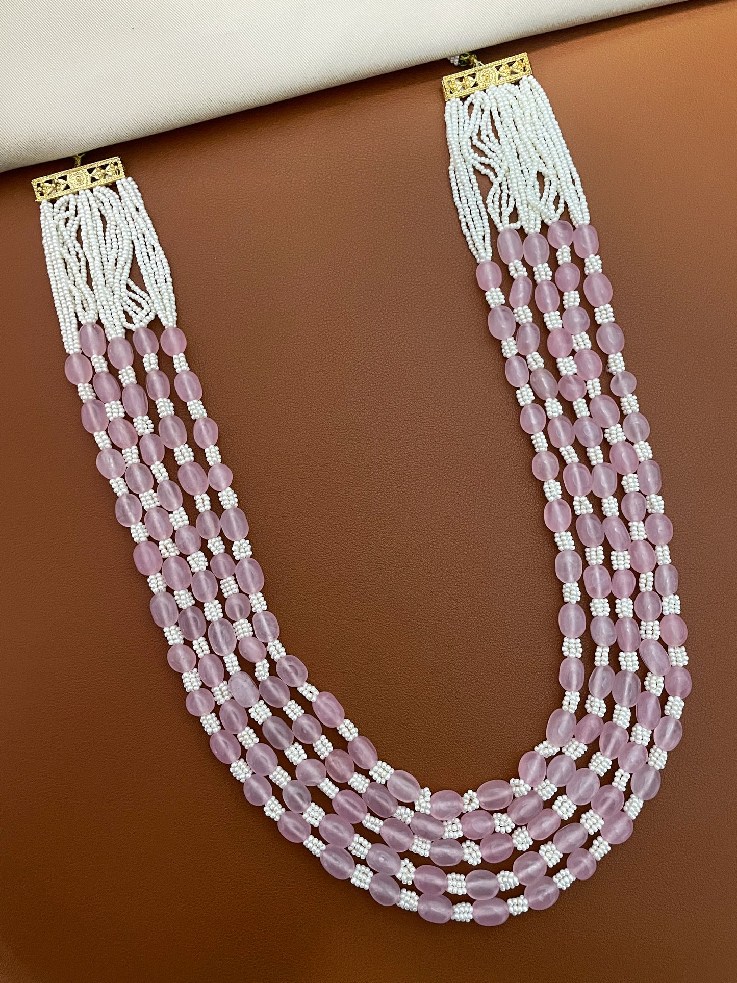 Classic Pink Quartz & Pearl 5 Strand Mala Necklace