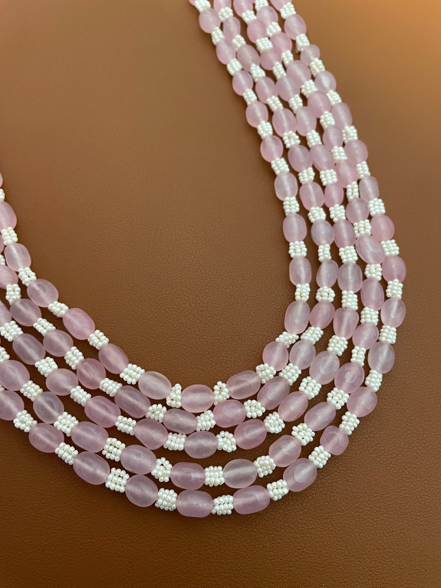 Classic Pink Quartz & Pearl 5 Strand Mala Necklace