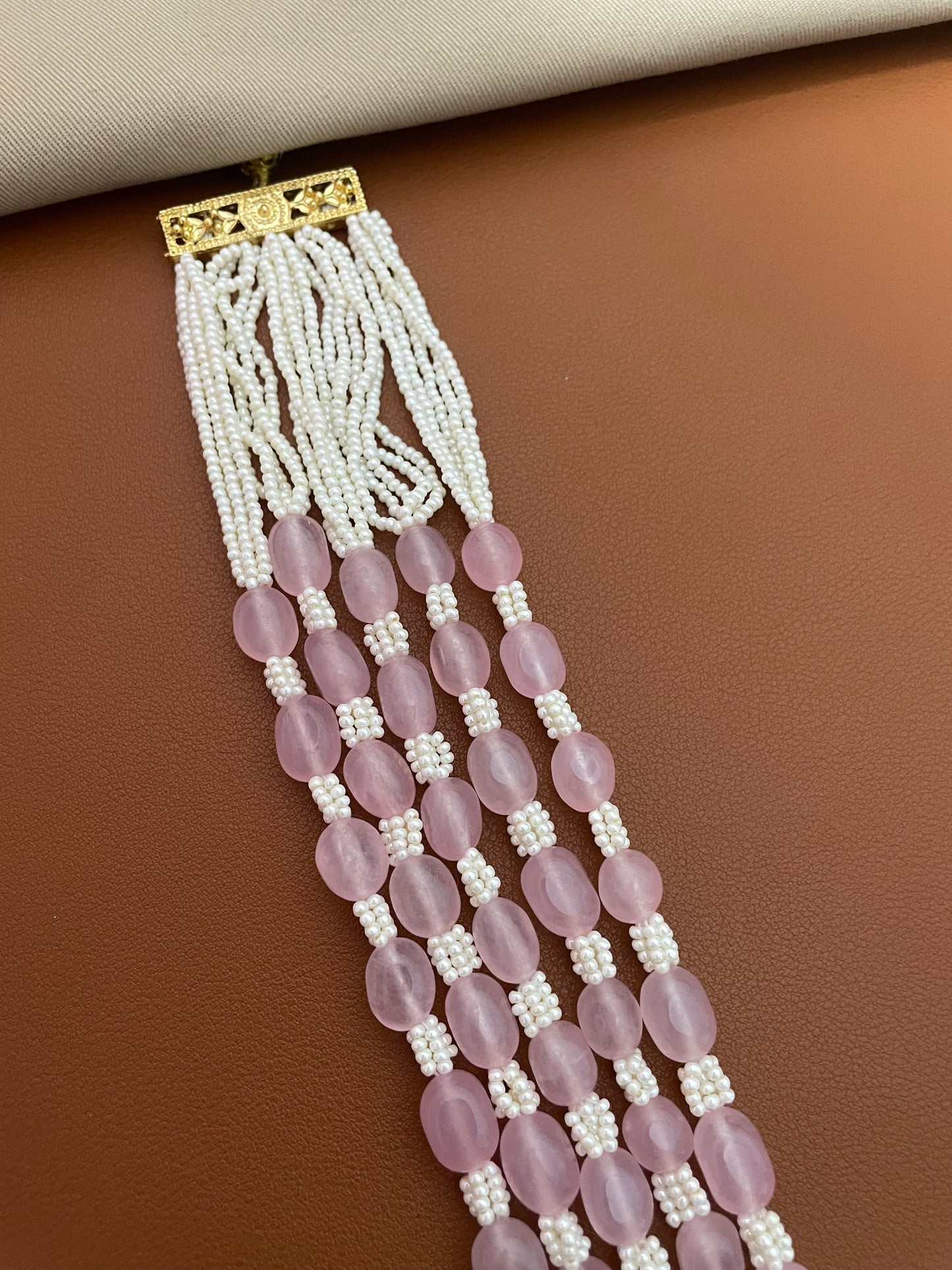 Classic Pink Quartz & Pearl 5 Strand Mala Necklace