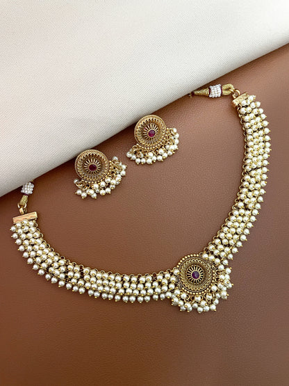 Riyah Antique Gold Finish Pearl Necklace Set