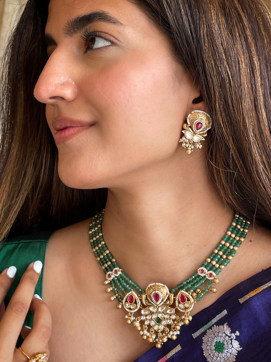 Ahalya Emerald Polki Antique Necklace Set