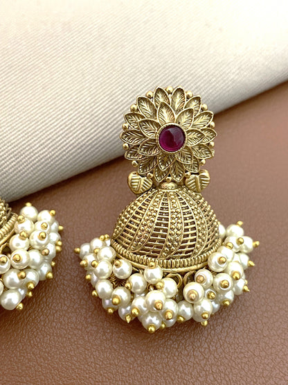 Shrunjna Pearl Gold Finish Jhumki Earrings