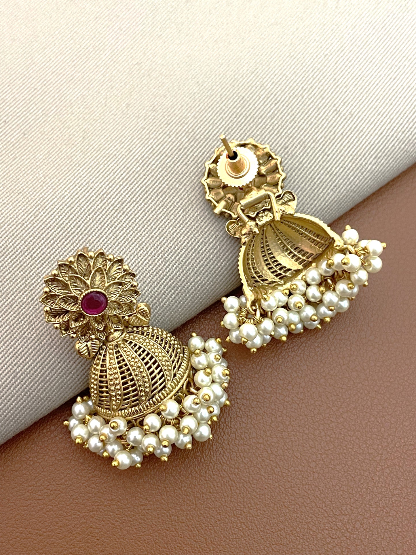 Shrunjna Pearl Gold Finish Jhumki Earrings