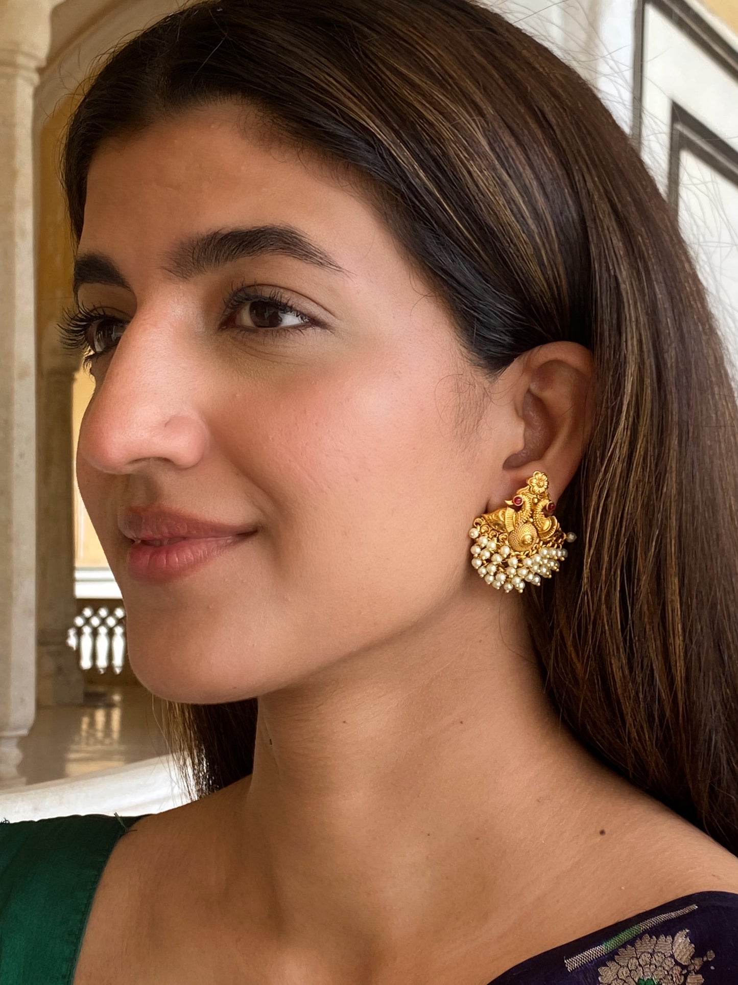 The Mayur Duo Antique Gold Finish Pearl Earrings