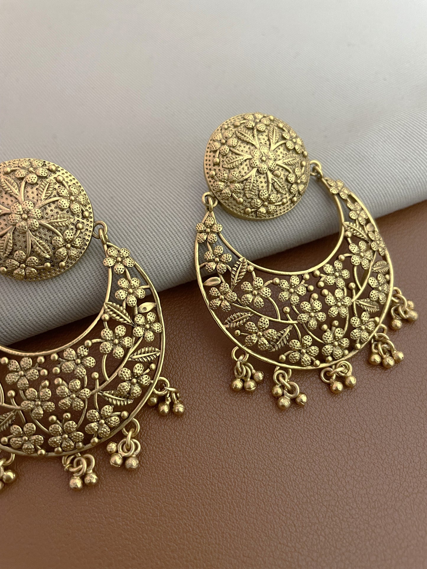 Shivani Antique Floral Gold Finish  Chaandbaali Earrings