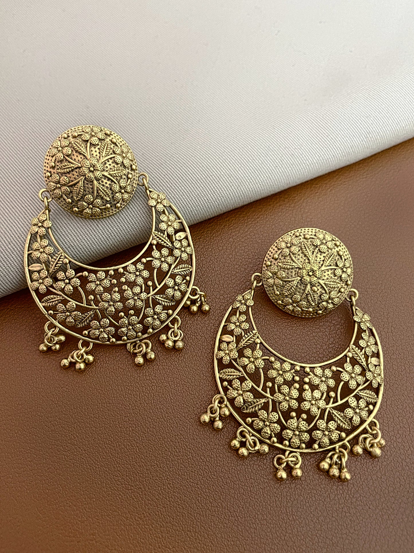 Shivani Antique Floral Gold Finish  Chaandbaali Earrings