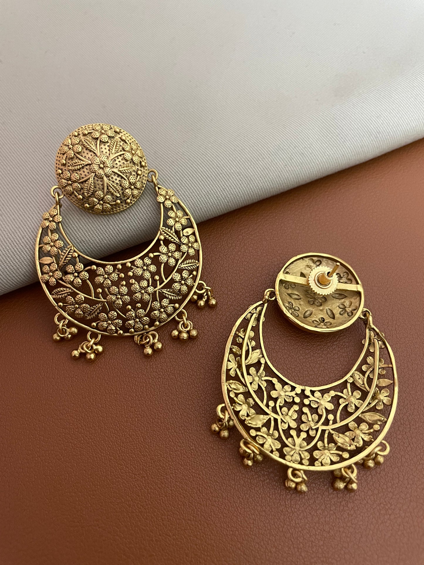 Shivani Antique Floral Gold Finish  Chaandbaali Earrings