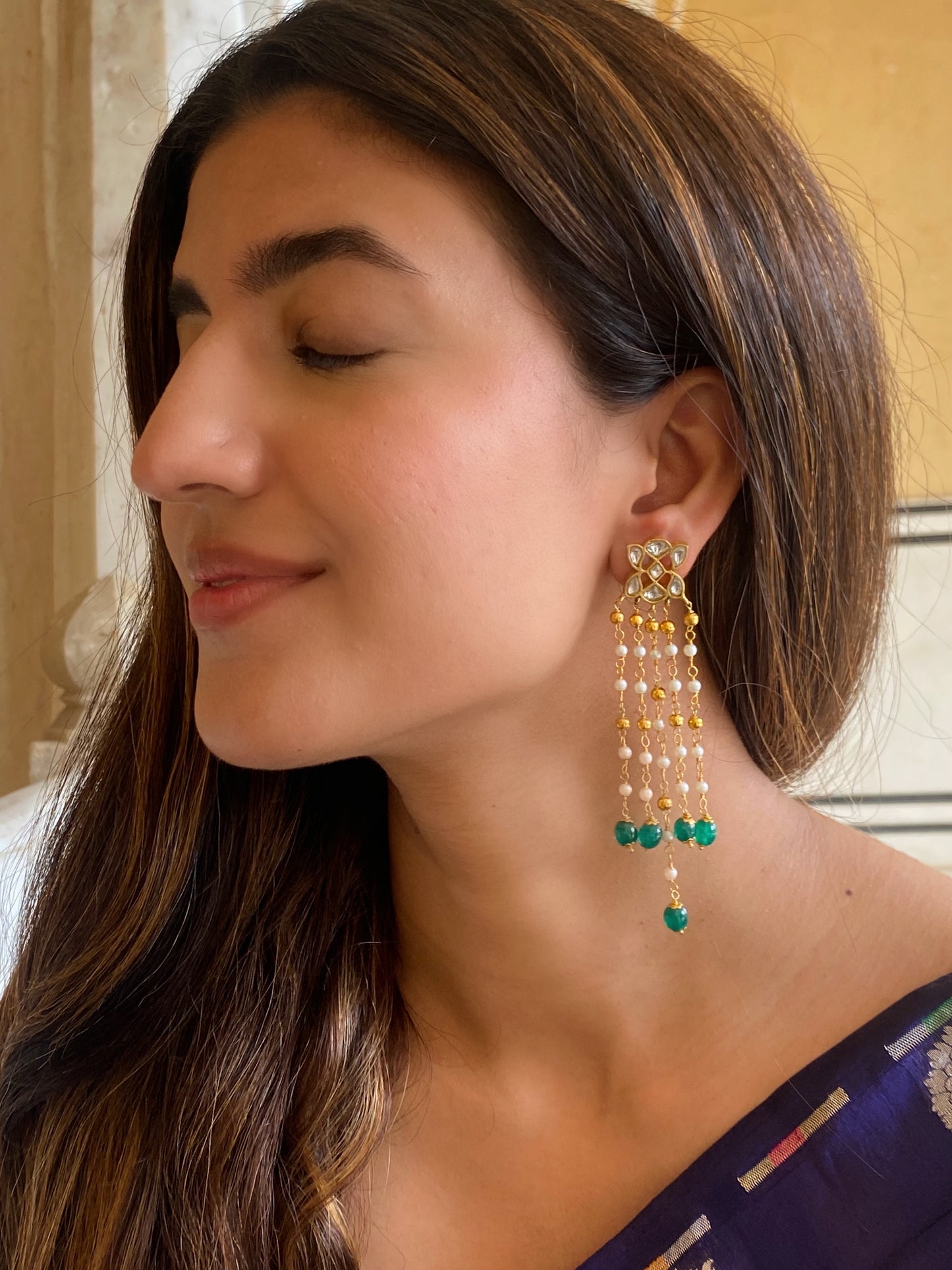 Vaibhavi Long Polki Emerald Danglers