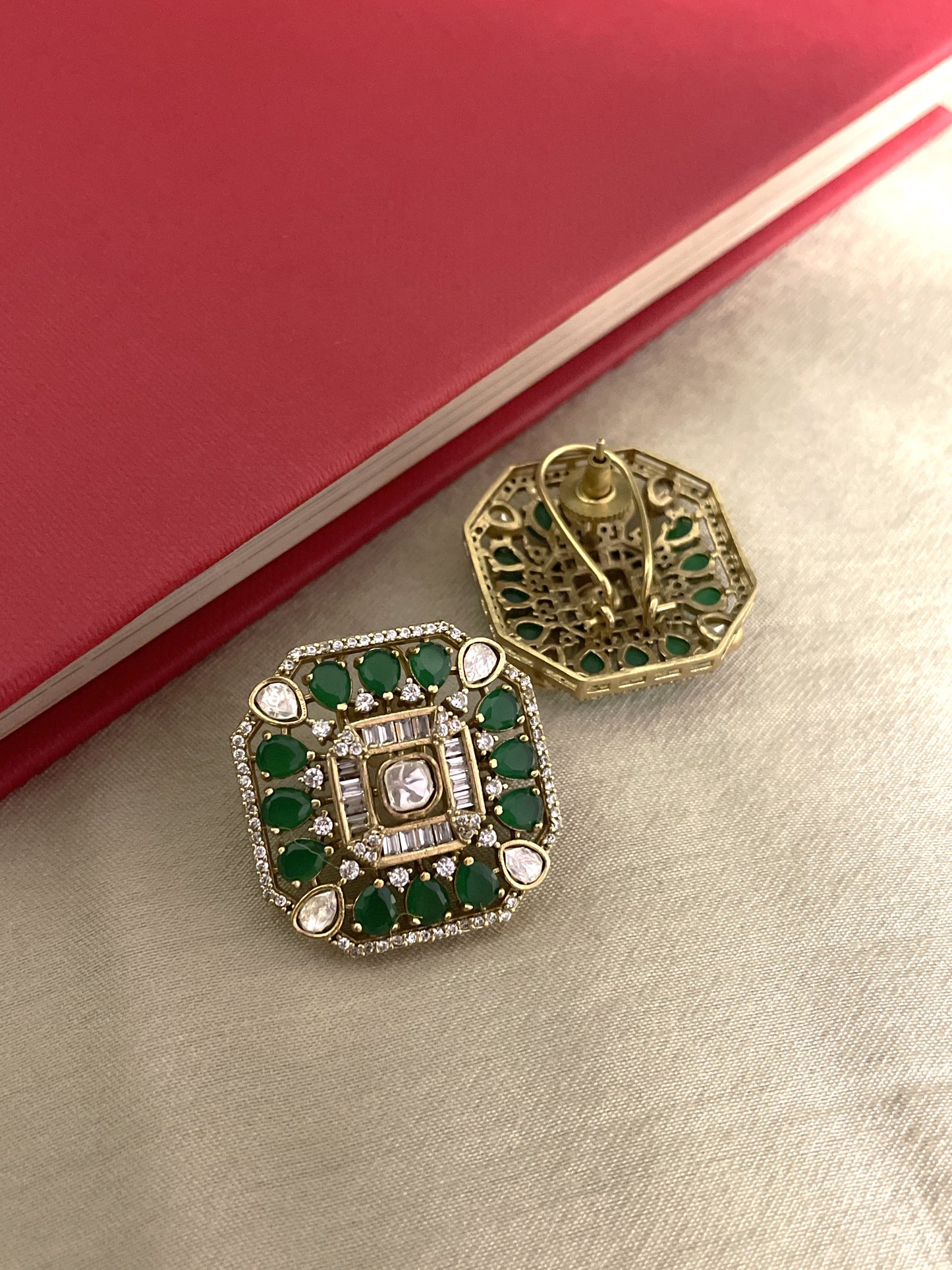 Pihu Emerald Polki Square Studs