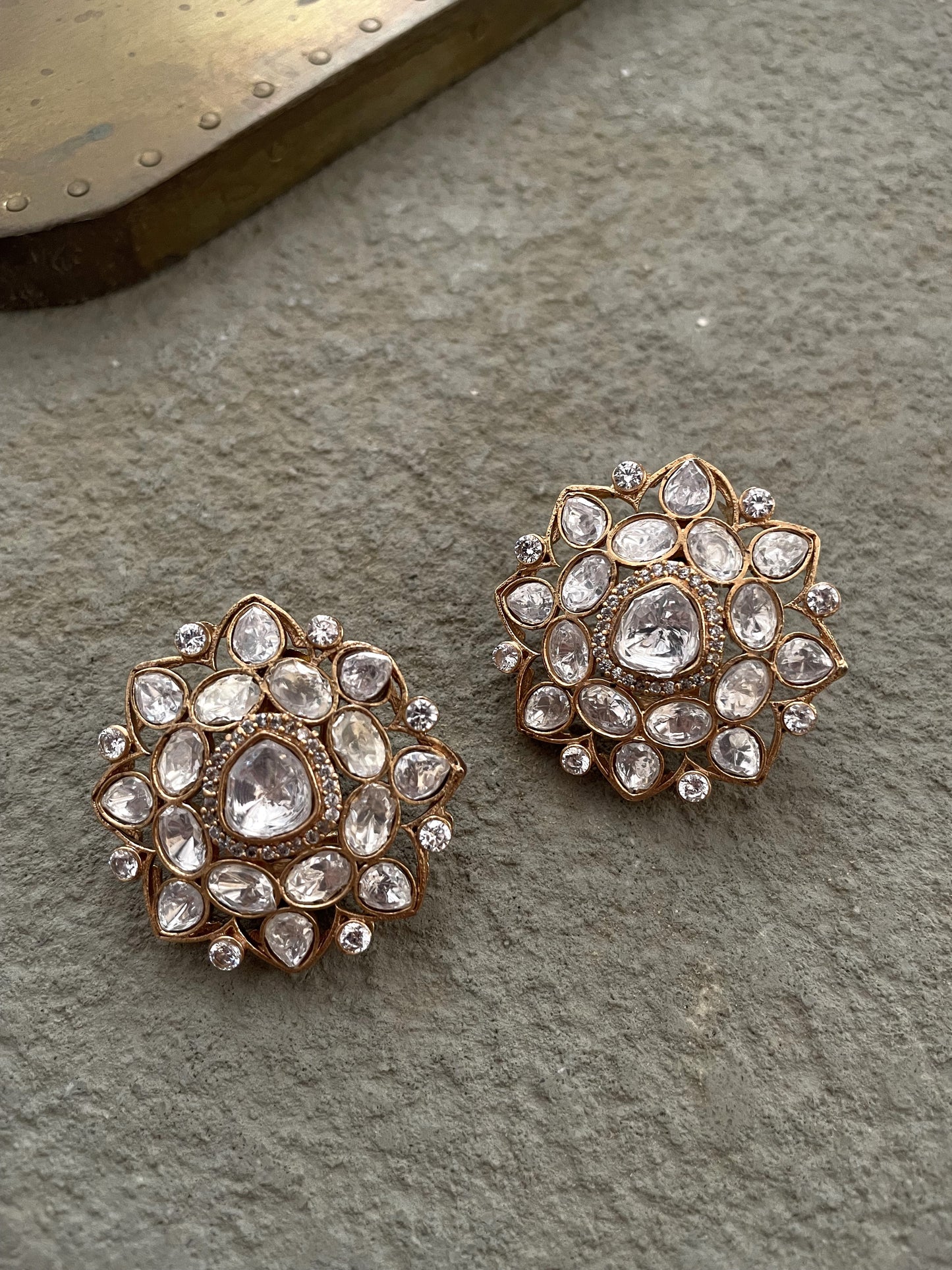 Raima Gold Finish Mossanite Polki Stud Earrings