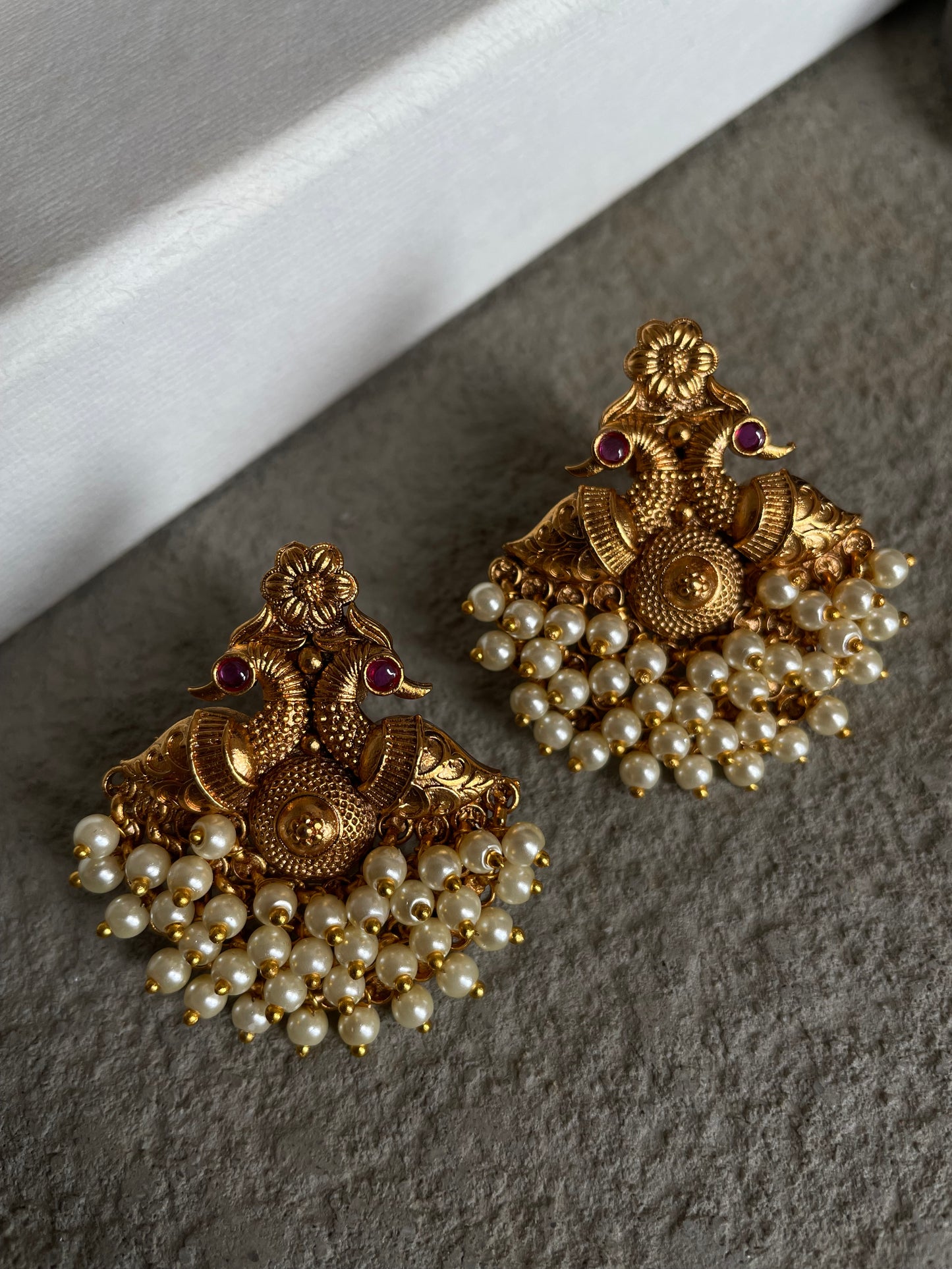 The Mayur Duo Antique Gold Finish Pearl Earrings