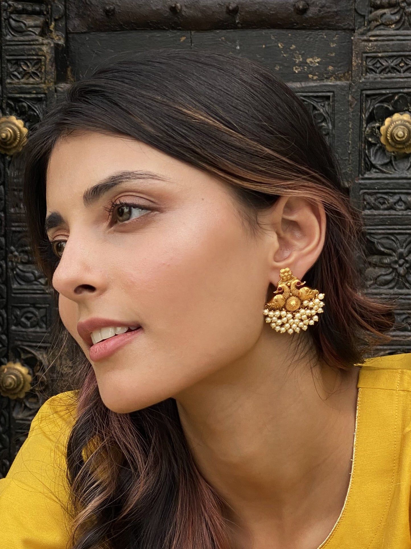 The Mayur Duo Antique Gold Finish Pearl Earrings