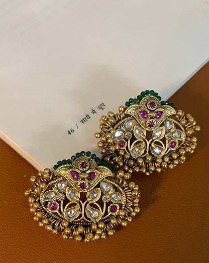 Saloni Antique Gold Finish  Floral Ghungroo Tukda Stud Earrings