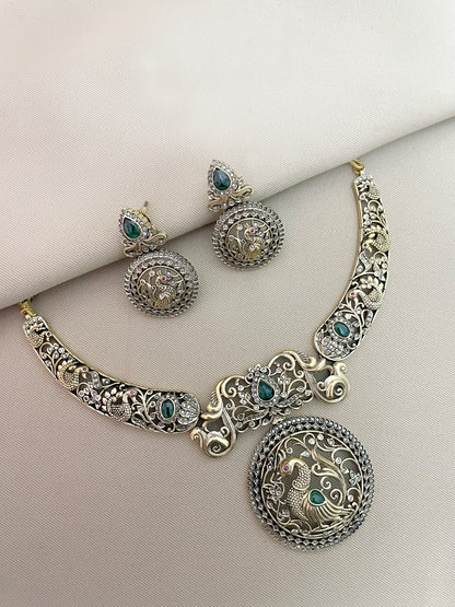Mughal Mayur Gold Finish Antique Necklace Set